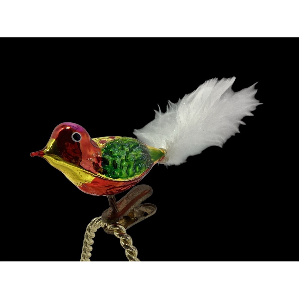 Vintage Glass German Christmas Ornament Clip On Colorful Bird Feather Tail 5"